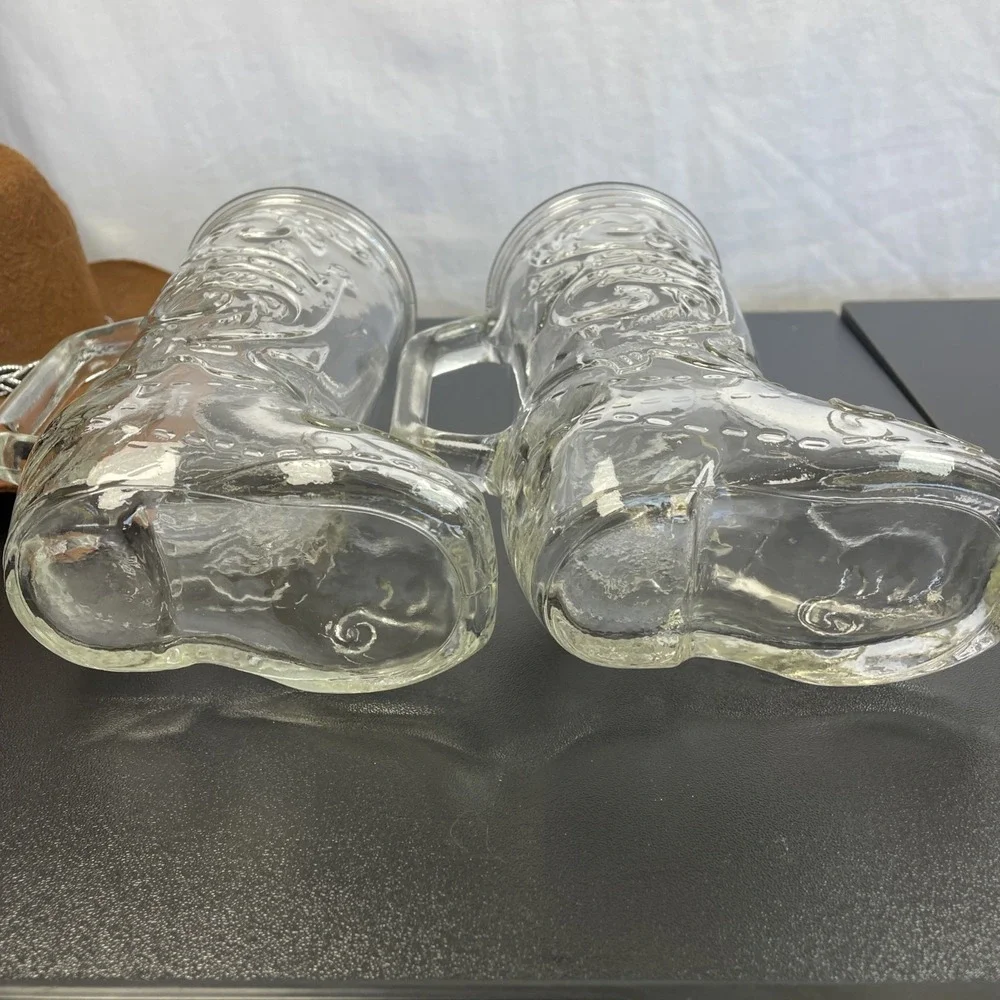 Vintage‎ lot of 2 Libbey Clear Glass Beer Mugs Cowboy Boots western bar ware